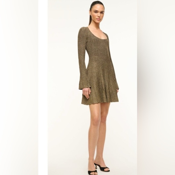 STAUD RAQUEL DRESS METALLIC GOLD LONG SLEEVE SIZE XS NWT 395$ - Picture 7 of 9